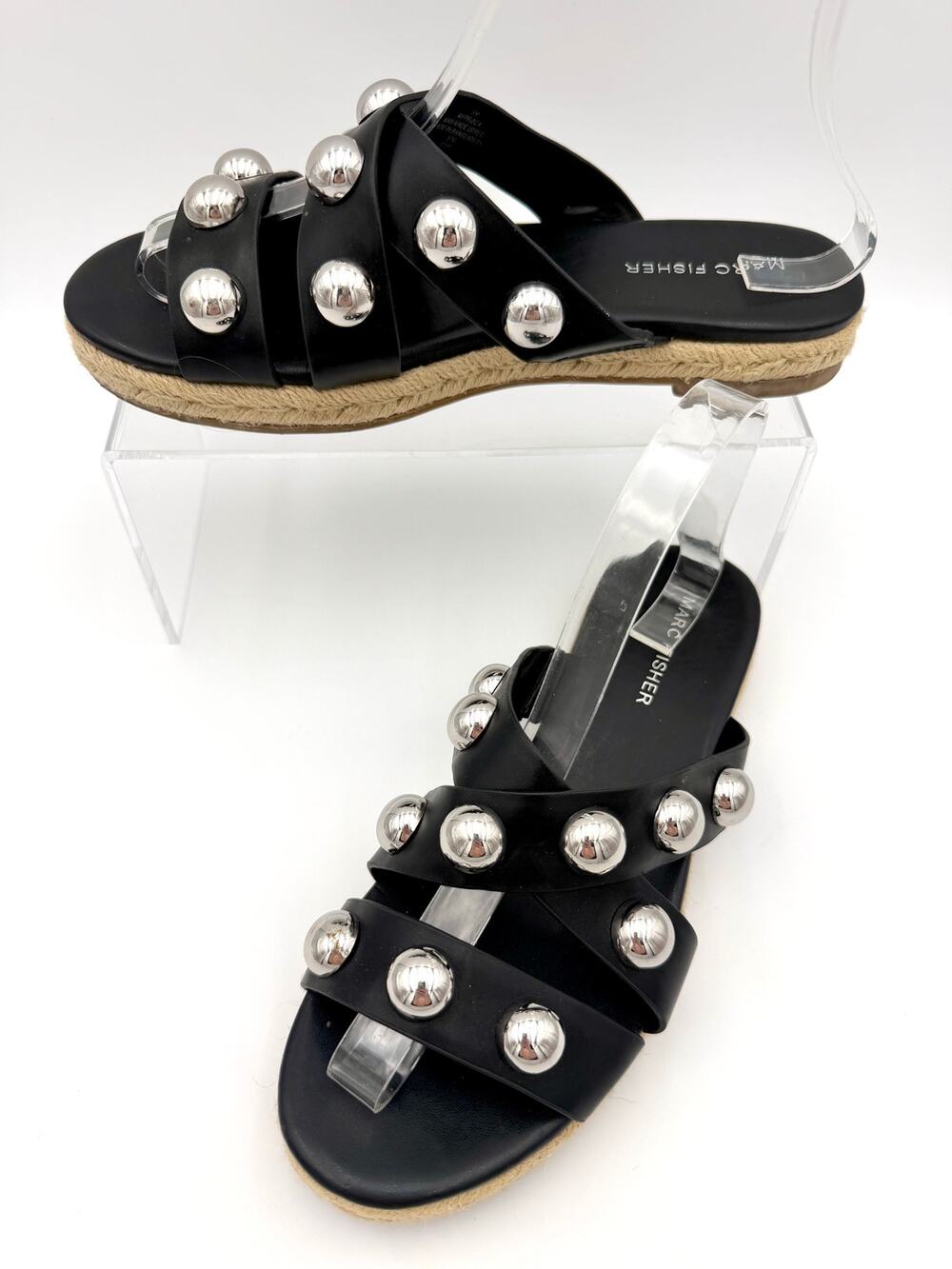 Marc Fisher Prisca Studded Flat Espadrille Sandals Size 8 Black Silver
